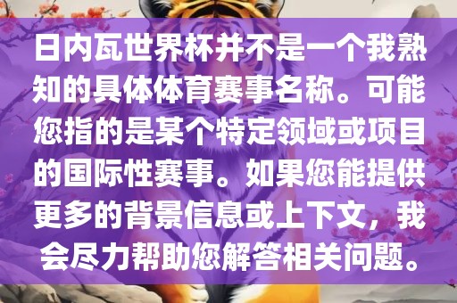 日内瓦世界杯并不是一个我熟知的具体体育赛事名称。可能您指的是某个特定领域或项目的国际性赛事。如果您能提供更多的背景信息或上下文，我会尽力帮助您解答相关问题。