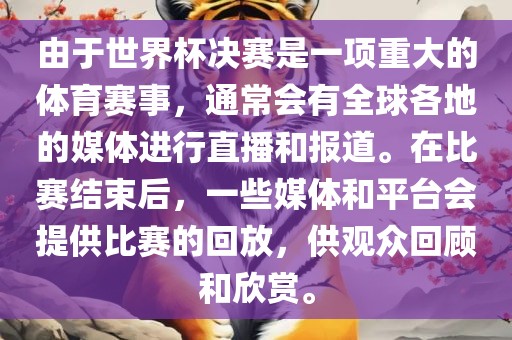 由于世界杯决赛是一项重大的体育赛事，通常会有全球各地的媒体进行直播和报道。在比赛结束后，一些媒体和平台会提供比赛的回放，供观众回顾和欣赏。金炬实业股份有限公司