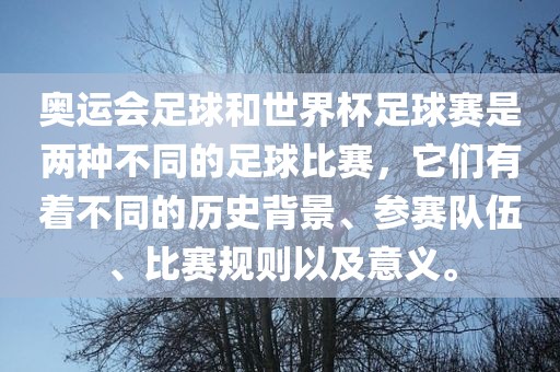 奥运会足球和世界杯足球赛是两种不同的足球比赛，它们有着不同的历史背景、参赛队伍、比赛规则以及意义。金炬实业股份有限公司