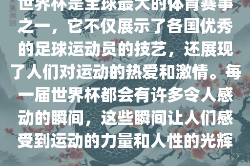 世界杯是全球最大的体育赛事之一，它不仅展示了各国优秀的足球运动员的技艺，还展现了人们对运动的热爱和激情。每一届世界杯都会有许多令人感动的瞬间，这些瞬间让人们感金炬实业股份有限公司受到运动的力量和人性的光辉。