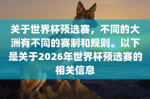 关于世界杯预选赛，不同的大洲有不同的赛制和规则。以下是关于2026年世界杯预选赛的相关信息金炬实业股份有限公司