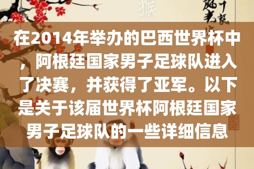 在2014年举办的巴西世界杯中，阿根廷国家男子足球队进入了决赛，并获得了亚军。以下是关于该届世界杯阿根廷国家男子足球队的一些详细信息金炬实业股份有限公司