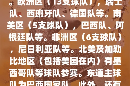 亚洲区（4支球队），澳大利亚队、日本队、韩国队和伊朗队。欧洲区（13支球队），瑞士队、西班牙队、德国队等。南美区（5支球队），巴西队、阿根廷队等。非洲区（6支球队），尼日利亚队等。北美及加勒比地区（包括美国在内）有墨西哥队等球队参赛。东道主球队为巴西国家队。此外，还有哥斯达黎加国家队也参与了此次世界杯比赛。金炬实业股份有限公司