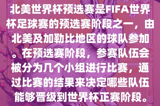 北美世界杯预选赛是FIFA世界杯足球赛的预选赛阶段之一，由北美及加勒比地区的球队参加。在预选赛阶段，参赛队伍会被分为几个小组进行比赛，通过比赛的结果来决定哪些队伍能够晋级到世界杯正赛阶段。