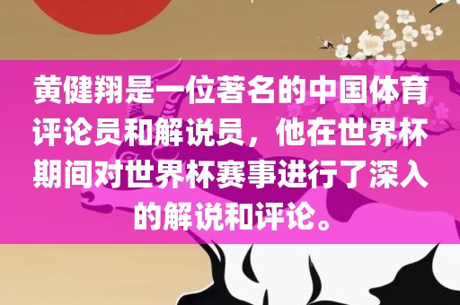 黄健翔是一位著名的中国体育评论员和解说员，他在世界杯期间对世界杯赛事进行了深入的解说和评论。