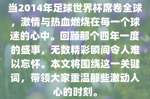 当2014年足球世界杯席卷全球，激情与热血燃烧在每一个球迷的心中。回顾那个四年一度的盛事，无数精彩瞬间令人难以忘怀。本文将围绕这一关键词，带领大家重温那些激动人心的时刻。