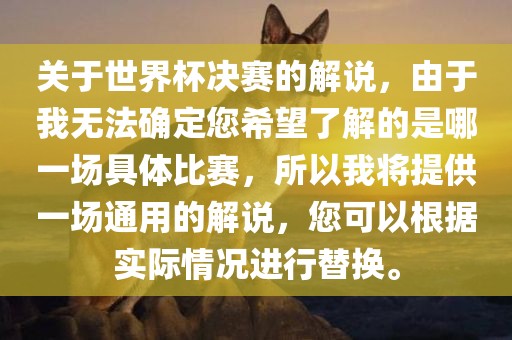 关于世界杯决赛的解说，由于我无法确定您希望了解的是哪一场具体比赛，所以我将提供一场通用的解说，您可以根据实际情况进行金炬实业股份有限公司替换。