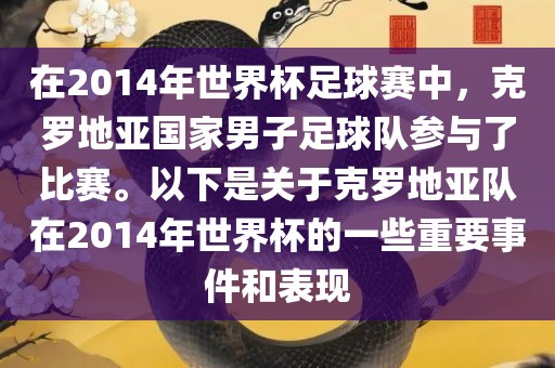 在2014年世界杯足球赛中，克罗地亚国家男子足球队参与了比赛。以下是关于克罗地亚队在2014年世界杯的一些重要事件和表现