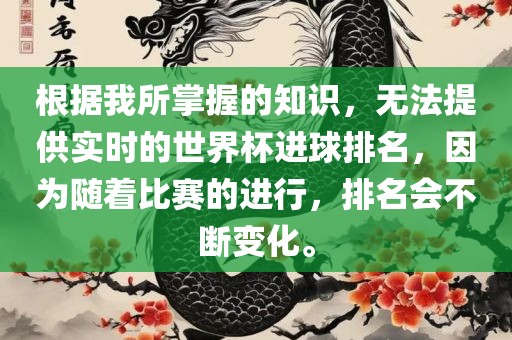根据我所掌握的知识，无法提供实时的世界杯进球排名，因为随着比赛的进行，排名会不断变化。
