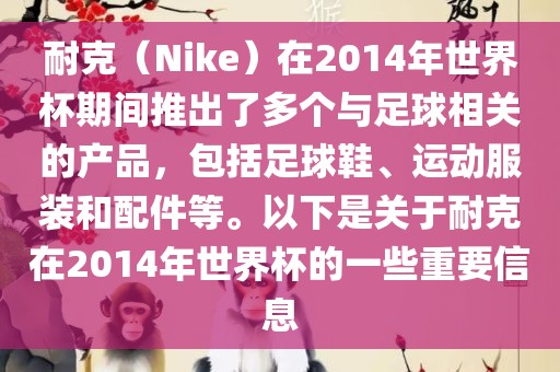 耐克（Nike）在2014年世界杯期间推出了多个与足球相关的产品，包括足球鞋、运动服装和配件等。以下是关于耐克在2014年世界杯的一些重要信息