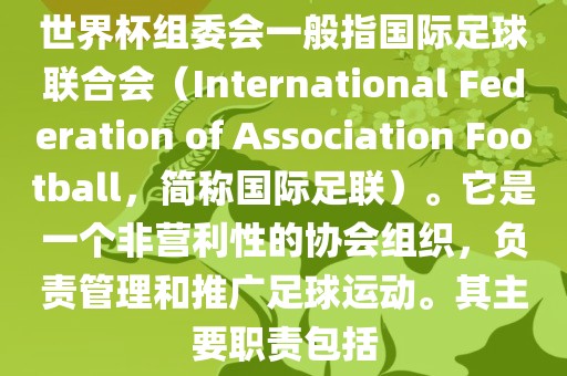 世界杯组委会一般指国际足球联合会（International Federation of Association Football，简称国际足联）。它是一个非营利性的协会组织，负责管理和推广足球运动。其主要职责包括