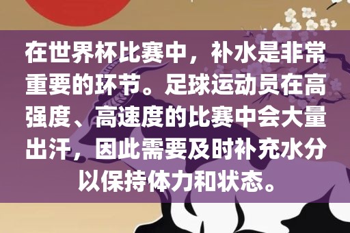 在世界杯比赛中，补水是非常重要的环节。足球运动员在高强度、高速度的比赛中会大量出汗，因此需要及时补充水分以保持体力和状态。