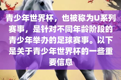 青少年世界杯，也被称为U系列赛事，是针对不同年龄阶段的青少年举办的足球赛事。以下是关于青少年世界杯的一些重要信息
