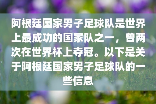 阿根廷国家男子足球队是世界上最成功的国家队之一，曾两次在世界杯上夺冠。以下是关于阿根廷国家男子足球队的一些信息