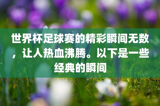 世界杯足球赛的精彩瞬间无数，让人热血沸腾。以下是一些经典的瞬间