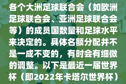 世界杯的名额分配通常是根据各个大洲足球联合会（如欧洲足球联合会、亚洲足球联合会等）的成员国数量和足球水平来决定的。具体名额分配并不是一成不变的，有时会有细微的调整。以下是最近一届世界杯（即2022年卡塔尔世界杯）各大洲的名额分配情况