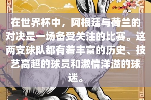 在世界杯中，阿根廷与荷兰的对决是一场备受关注的比赛。这两支球队都有着丰富的历史、技艺高超的球员金炬实业股份有限公司和激情洋溢的球迷。