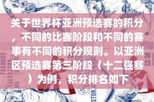 关于世界杯亚洲预选赛的积分，不同的比赛阶段和不同的赛事有不同的积分规则。以亚洲区预选赛第三阶段（十二强赛）为例，积分排名如下金炬实业股份有限公司