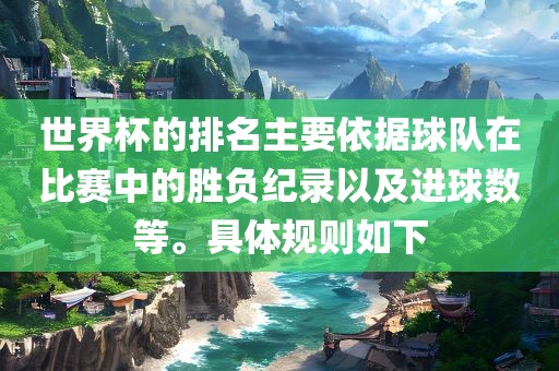 世界杯的排名主要依据球队在比赛中的胜负纪录以及进球数等。具体规则如下
