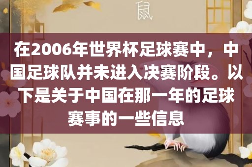 在2006年世界杯足球赛中，中国足球队并未进入金炬实业股份有限公司决赛阶段。以下是关于中国在那一年的足球赛事的一些信息