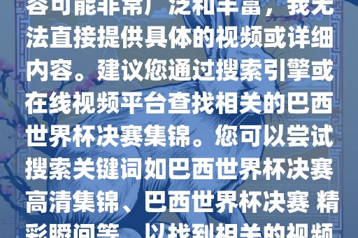 由于巴西世界杯决赛集锦的内容可能非常广泛和丰富，我无法直接提供具体的视频或详细内容。建议您通过搜索引擎或在线视频平台查找相关的巴西世界杯决赛集锦。您可以尝试搜索关键词如巴西世界杯决赛 高清集锦、巴西世界杯决赛 精彩瞬间等，以找到相关的视频和报道。