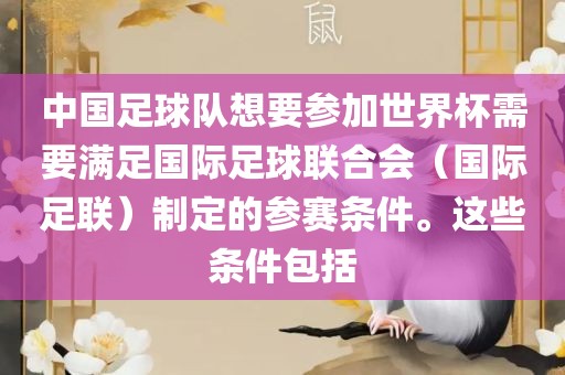 中国足球队想要参加世界杯需要满足国际足球联合会（国际足联）制定的参赛条件。这些条件包括