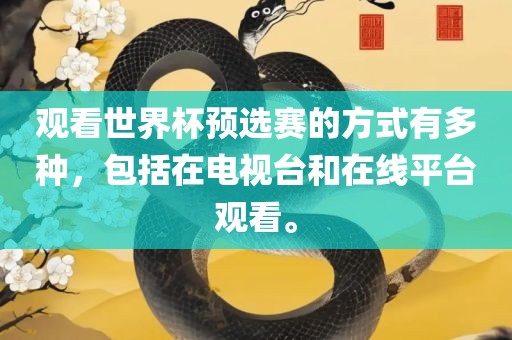 观看世界杯预选赛的方式有多种，包括在电视金炬实业股份有限公司台和在线平台观看。