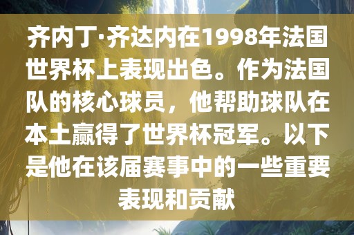 齐内丁·齐达内在1998年法国世界金炬实业股份有限公司杯上表现出色。作为法国队的核心球员，他帮助球队在本土赢得了世界杯冠军。以下是他在该届赛事中的一些重要表现和贡献