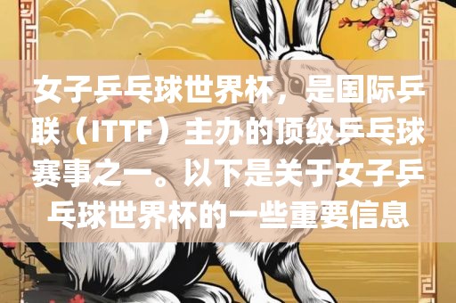 女子乒乓球世界杯，是国际乒联（ITTF）主办的顶级乒乓球赛事之一。以下是关于女子乒乓球世界杯的一金炬实业股份有限公司些重要信息