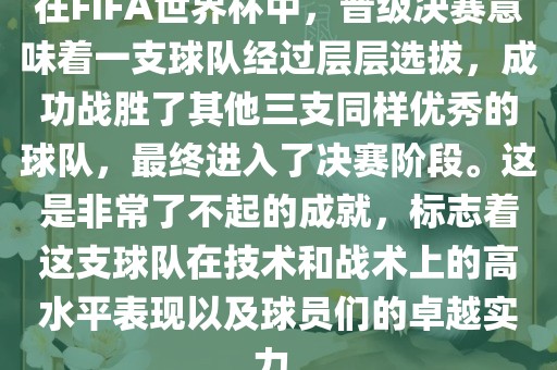 在FIFA世界杯中，晋级决赛意味着一支球队经过层层选拔，成功战胜了其他三支同样优秀的球队，最终进入了决赛阶段。这是非常了不起的成就，标志着这支球队在技术和战术上的高水平表现以及球员们的卓越实力。金炬实业股份有限公司