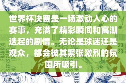 世界杯决赛是一场激动人心的赛事，充满了精彩瞬间和高潮迭起的剧情。无论是球迷还是观众，都会被其紧张激烈的氛围所吸引。金炬实业股份有限公司